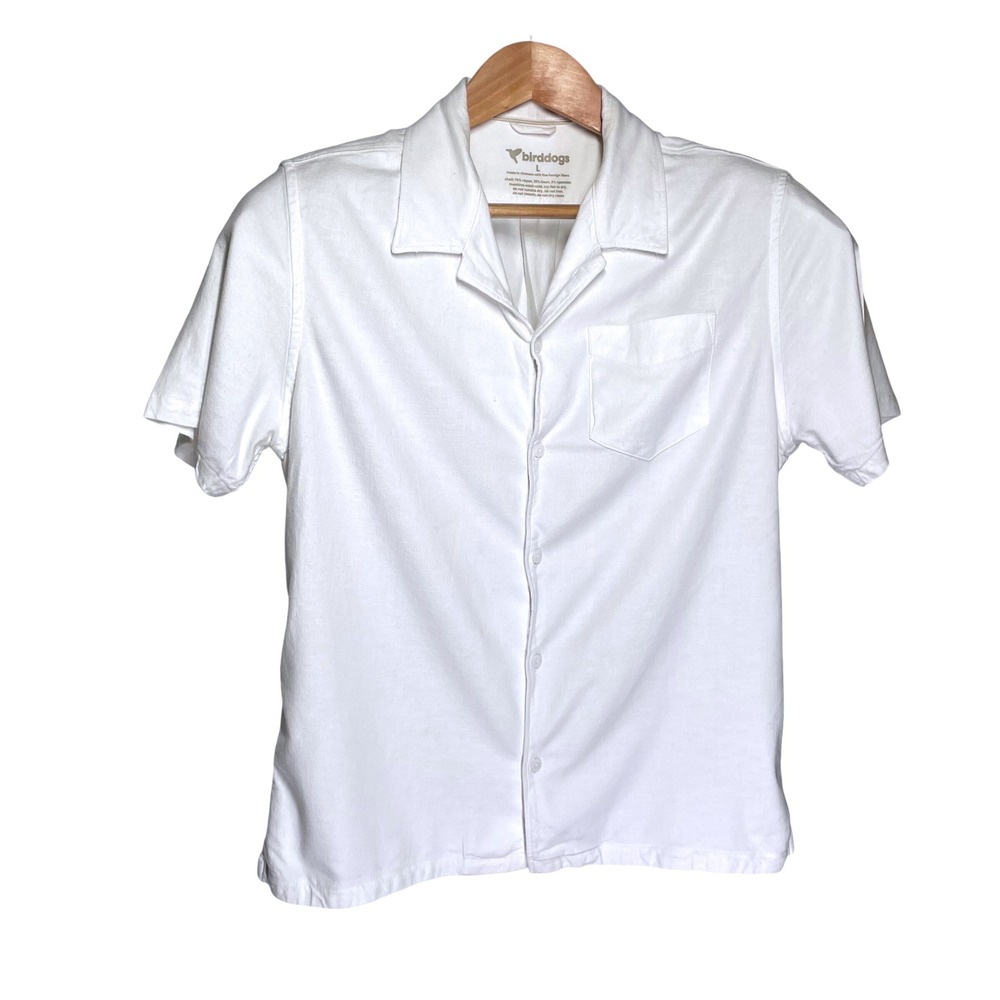 Birddogs Mens Large White Linen Blend Short Sleeve Camp Collar Button Up Shirt